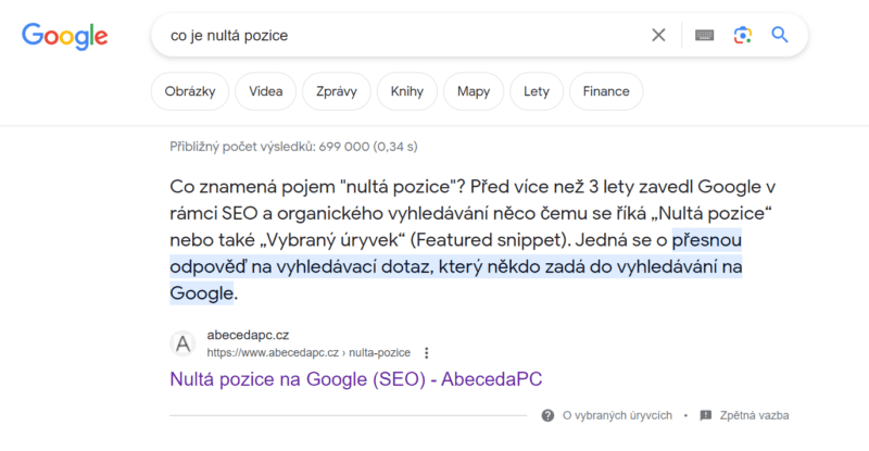 featured snippet nulta pozice
